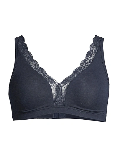 Shop Hanro Cotton Lace Soft Cup Bra In Deep Navy
