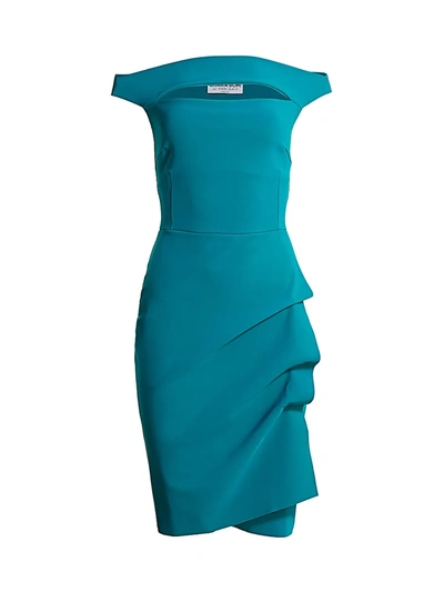 Shop Chiara Boni La Petite Robe Melania Off-the-shoulder Side Ruched Cut Out Sheath Dress In Peacock Blue