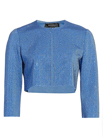Shop St John Liquid Milano Stud Knit Crop Jacket In Blue