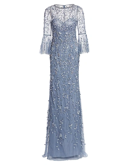 Shop Theia Women's Flounce-sleeve 3-d Embroidered Gown In Periwinkle