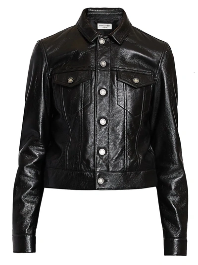 Shop Saint Laurent Leather Trucker Jacket In Nero