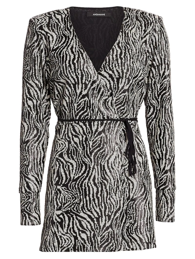 Shop Andamane Women's Bonnie Sequin Zebra-print Wrap Dress In Zebra Bianca