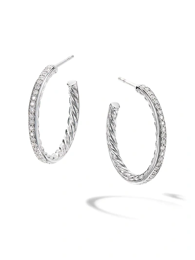 Shop David Yurman Small Hoop Earrings With Pavé Diamonds In Sterling Silver