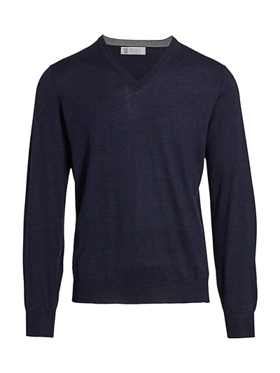 Shop Brunello Cucinelli Men's V-neck Wool & Cashmere Sweater In Night