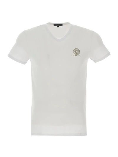 Shop Versace Men's V-neck Logo T-shirt In White