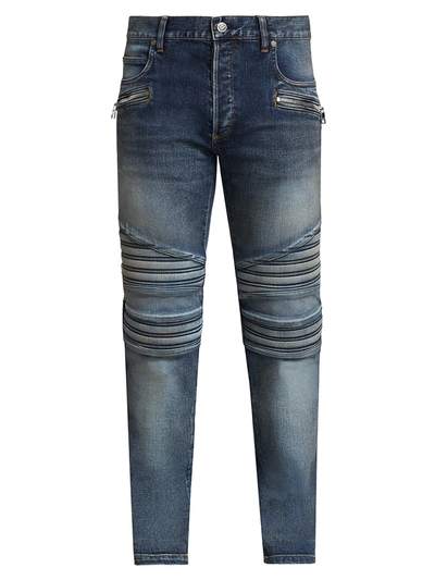 Shop Balmain Monogram Embossed Ribbed Jeans In Blue