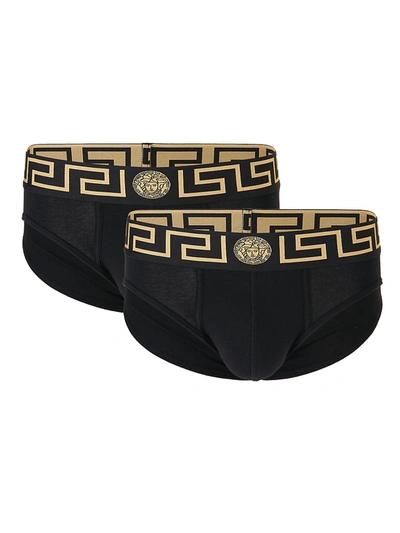 Shop Versace Men's Iconic 2-pack Briefs In Black Gold