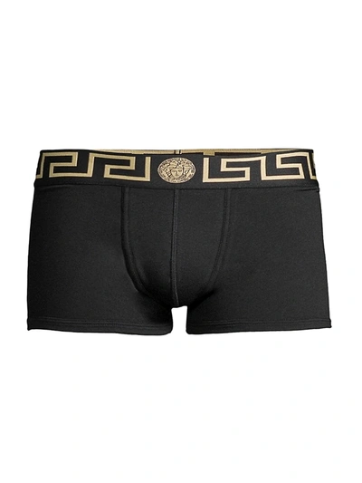 Shop Versace Men's Low-rise Logo Boxer Briefs In Black Gold