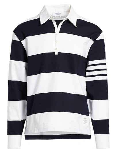 Shop Thom Browne Striped Long-sleeve Polo Shirt In Navy