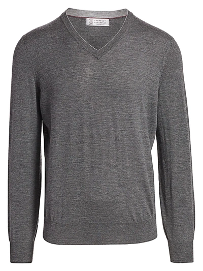 Shop Brunello Cucinelli Men's V-neck Wool & Cashmere Sweater In Lead