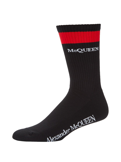 Shop Alexander Mcqueen Men's Logo Stripe Socks In Black Red