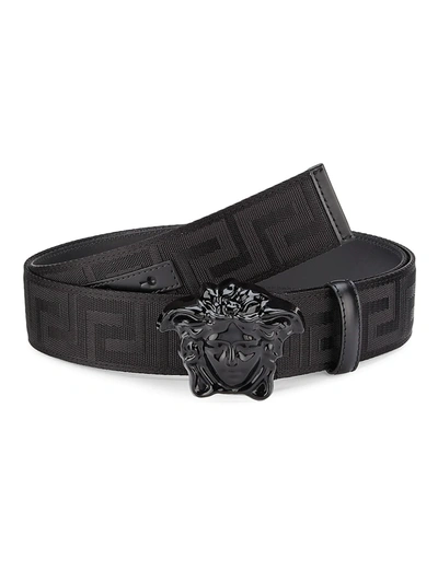 Shop Versace Medusa Buckle Printed Nylon Belt In Black
