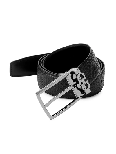 Shop Ferragamo Men's Gancini Reversible Embossed/smooth Leather Belt In Black