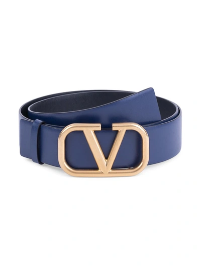 Shop Valentino Men's Vlogo Leather Belt In Navy