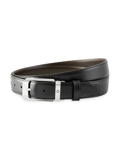 Shop Montblanc Men's Rectangular Shiny Stainless Steel Pin Buckle Leather Belt In Black