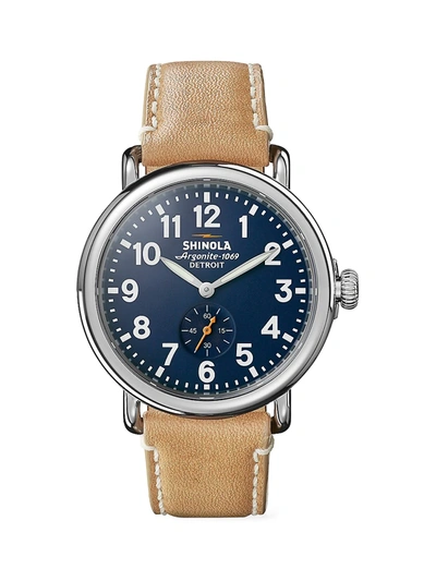 Shop Shinola Runwell Stainless Steel & Leather Strap Watch In Silver Navy