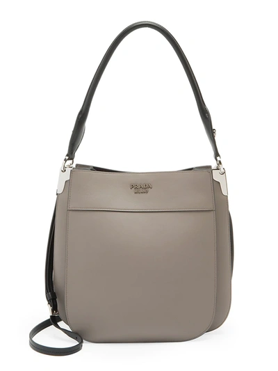 Shop Prada Margit Leather Hobo Bag In Grey