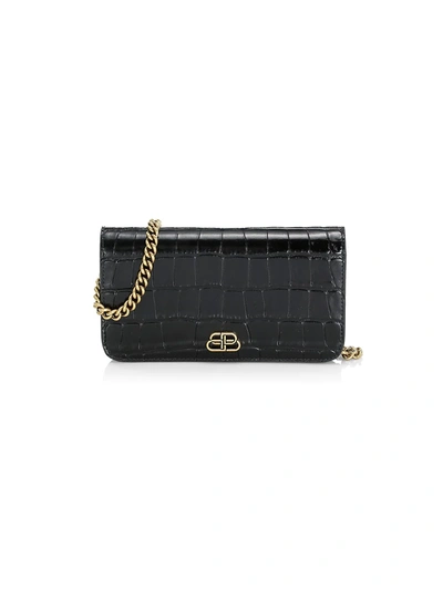 Shop Balenciaga Bb Croc-embossed Leather Phone-case-on-chain In Black