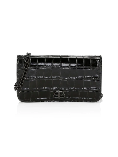 Shop Balenciaga Bb Croc-embossed Leather Phone-case-on-chain In Noir