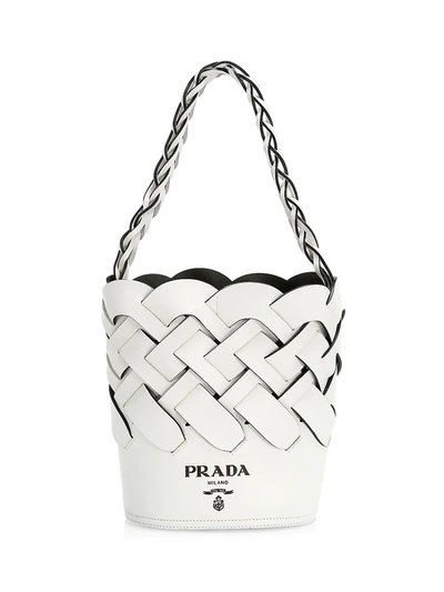 Shop Prada Woven Leather Bucket Bag In Bianco