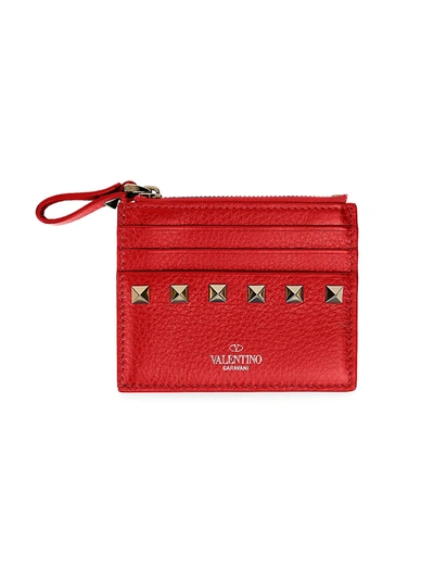 Shop Valentino Rockstud Leather Zip Card Case In Rouge