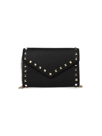 Shop Valentino Women's Rockstud Leather Wallet-on-chain In Black