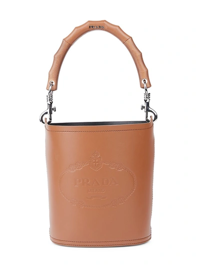 Shop Prada City Heritage Logo Leather Bucket Bag In Cognac