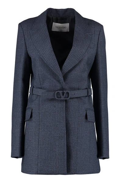 Shop Valentino Belted Single Breasted Blazer In Blue