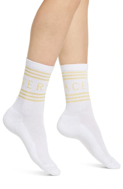 Shop Versace First Line First Line Stripe Crew Socks In White- Gold