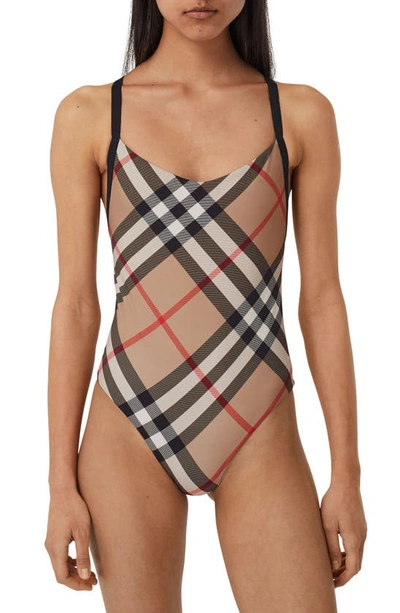 Shop Burberry Alagnon Check One-piece Swimsuit In Archive Beige Ip Chk