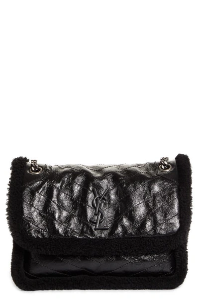 Shop Saint Laurent Medium Niki Genuine Shearling Trim Leather Shoulder Bag In Nero/ Nero