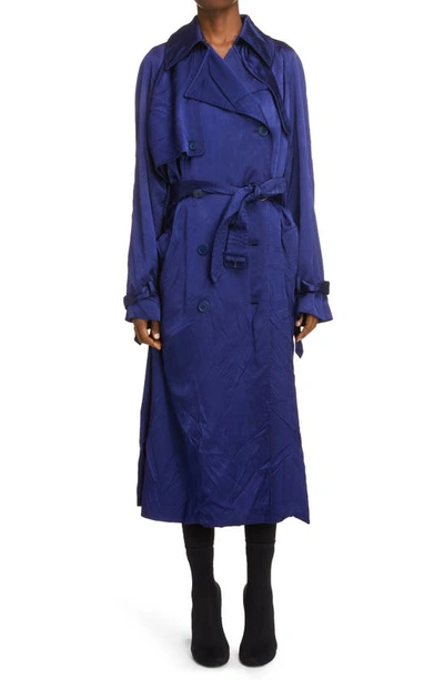 Shop Balenciaga Back Wrap Satin Trench Coat In Marine Blue