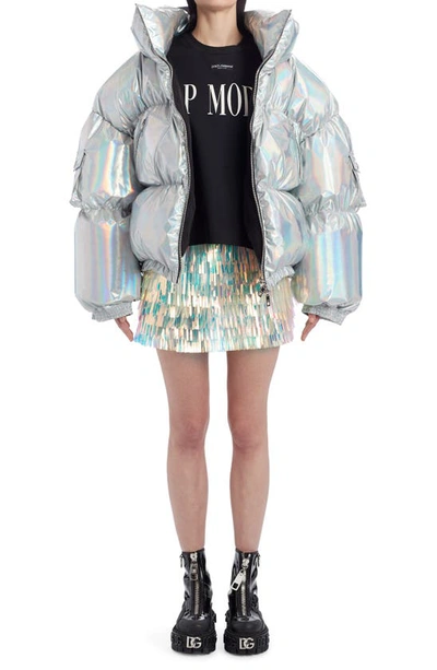Shop Dolce & Gabbana Iridescent Puffer Bomber Jacket In Silver