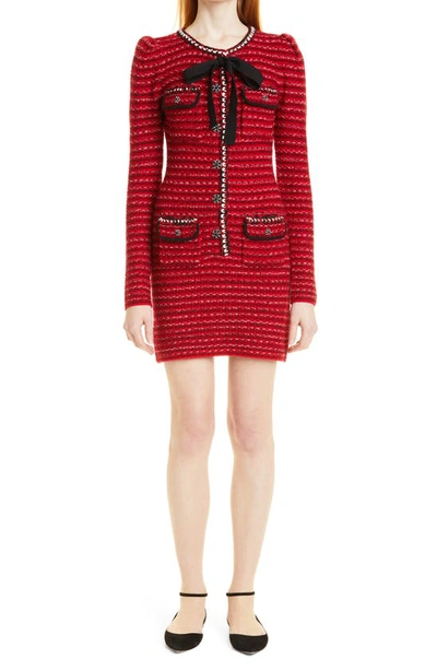 Shop Self-portrait Long Sleeve Wool & Cotton Blend Melange Knit Dress In Red And Black Melange