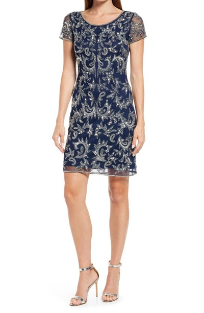 Shop Pisarro Nights Beaded Mesh Cocktail Dress In Navy