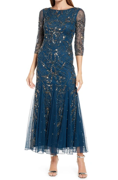 Shop Pisarro Nights Illusion Sleeve Beaded A-line Gown In Sapphire