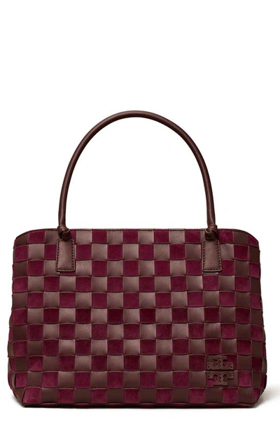 Shop Tory Burch Mcgraw Oversize Woven Leather Satchel In Tempranillo