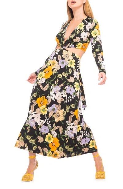Shop Afrm Assi Floral Cutout Detail Long Sleeve Knit Dress In Noir Vintage Floral