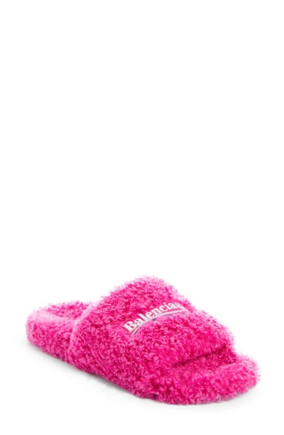 Shop Balenciaga Campaign Logo Faux Shearling Slide Sandal In Pink/ White/ Blue