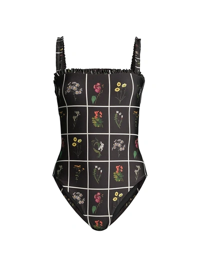 Shop Agua By Agua Bendita Flower Grid One-piece Swimsuit In Black