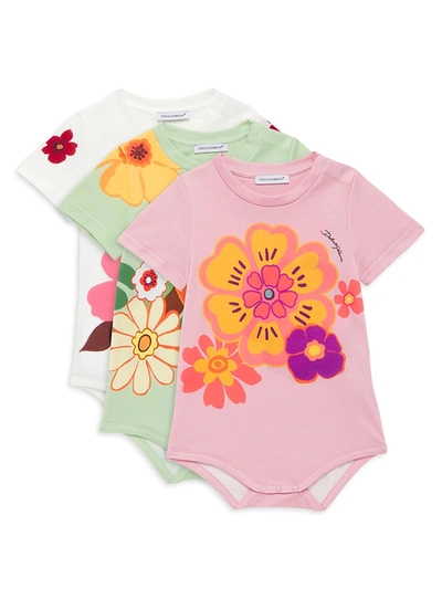 Shop Dolce & Gabbana Baby Girl's 3-pack Floral Print Bodysuits Set In Neutral