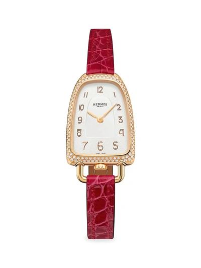 Shop Herm S Women's Galop D'hermès 18k Rose Gold, 0.37 Tcw Diamond & Alligator Leather Strap Watch/20mm X 27.2mm In Red