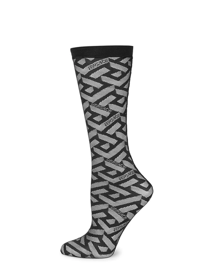 Shop Versace Monogram Mid-calf Socks In Nero