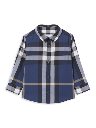 Shop Burberry Baby's & Little Boy's Check Stretch Cotton Shirt In Pebble Blue