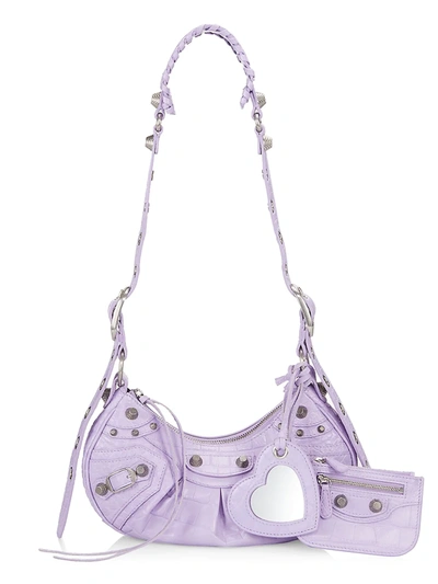 Shop Balenciaga Xs Le Cagole Croc-embossed Leather Shoulder Bag In Lilac