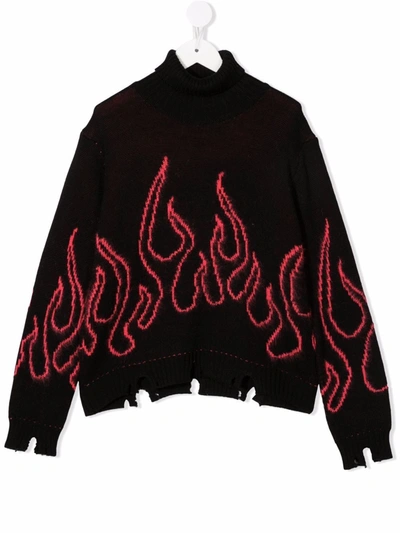 Vision Of Super Distressed Flame-trim Rollneck Sweater In Black