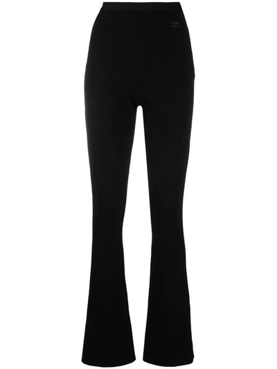 Shop Courrèges Logo-embroidered Ribbed-knit Flares In Black