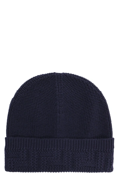 Shop Versace Ribbed Knit Beanie In Blue