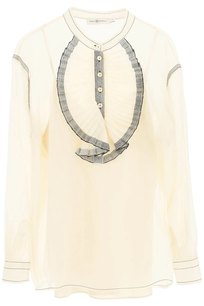 Shop Tory Burch Blouse With Ruffles In Beige