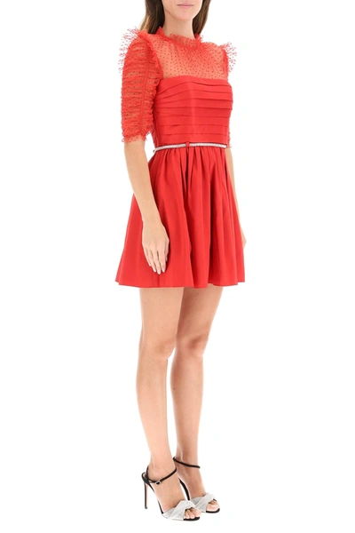 Shop Self-portrait Taffeta And Tulle Mini Dress With Belt In Red